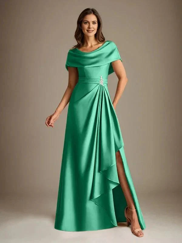 A-Line Scoop Floor-Length Stretch Satin Mother of the Bride Dress With Cascading Ruffles - Image 17