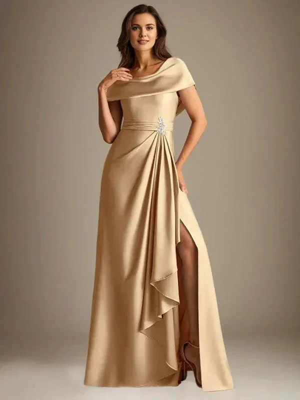 A-Line Scoop Floor-Length Stretch Satin Mother of the Bride Dress With Cascading Ruffles - Image 2