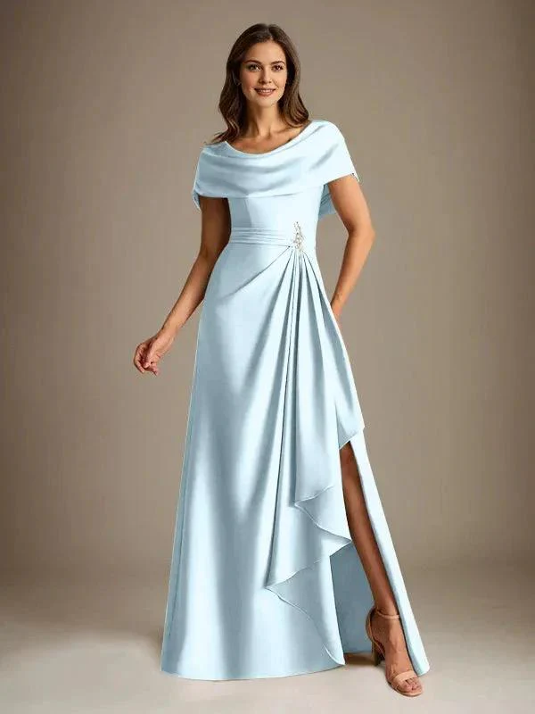 A-Line Scoop Floor-Length Stretch Satin Mother of the Bride Dress With Cascading Ruffles - Image 20