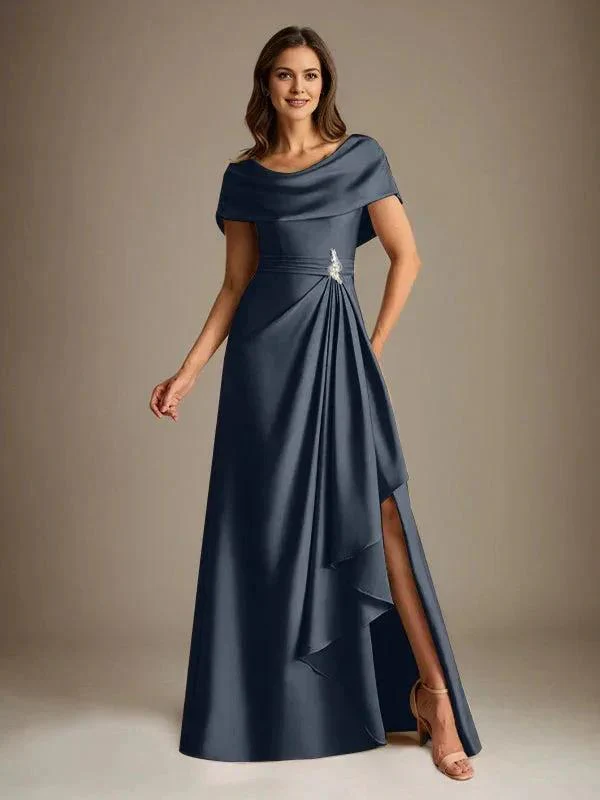 A-Line Scoop Floor-Length Stretch Satin Mother of the Bride Dress With Cascading Ruffles - Image 22