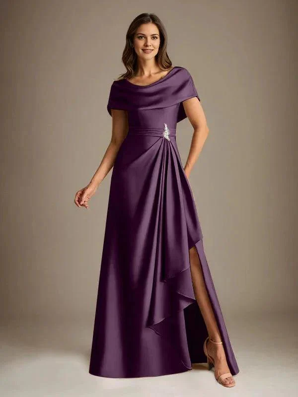 A-Line Scoop Floor-Length Stretch Satin Mother of the Bride Dress With Cascading Ruffles - Image 23