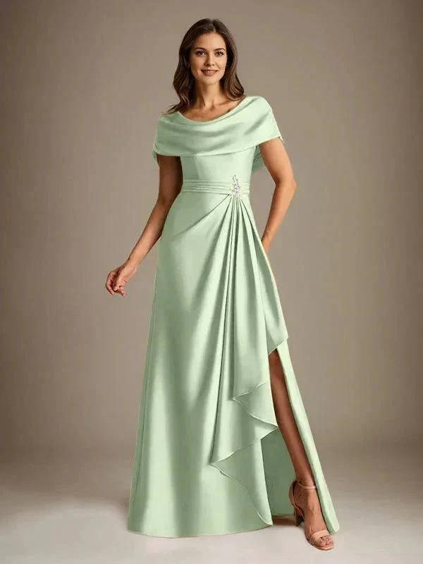 A-Line Scoop Floor-Length Stretch Satin Mother of the Bride Dress With Cascading Ruffles - Image 24