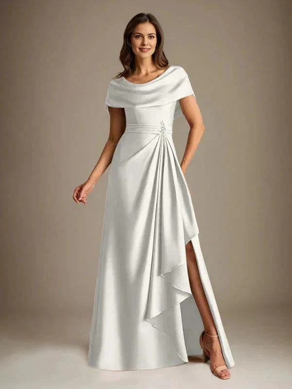 A-Line Scoop Floor-Length Stretch Satin Mother of the Bride Dress With Cascading Ruffles - Image 25