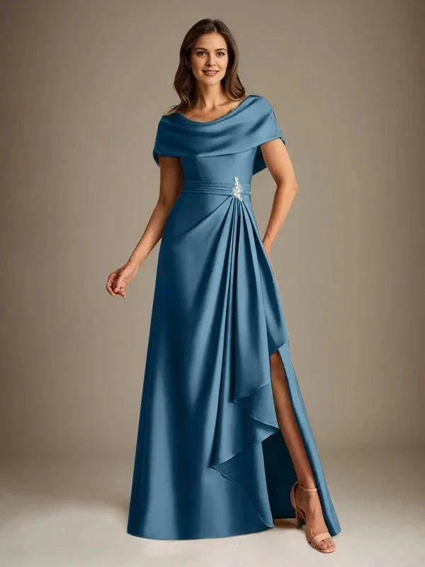 A-Line Scoop Floor-Length Stretch Satin Mother of the Bride Dress With Cascading Ruffles - Image 26