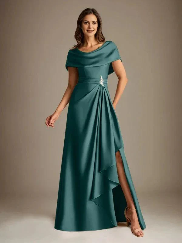 A-Line Scoop Floor-Length Stretch Satin Mother of the Bride Dress With Cascading Ruffles - Image 27