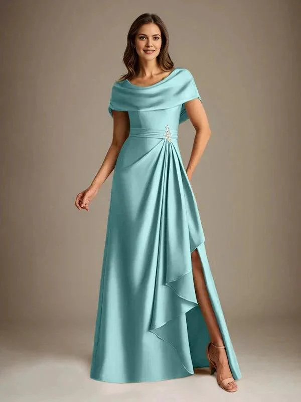 A-Line Scoop Floor-Length Stretch Satin Mother of the Bride Dress With Cascading Ruffles - Image 28