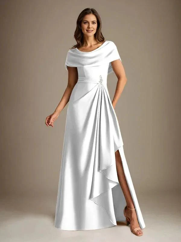 A-Line Scoop Floor-Length Stretch Satin Mother of the Bride Dress With Cascading Ruffles - Image 29