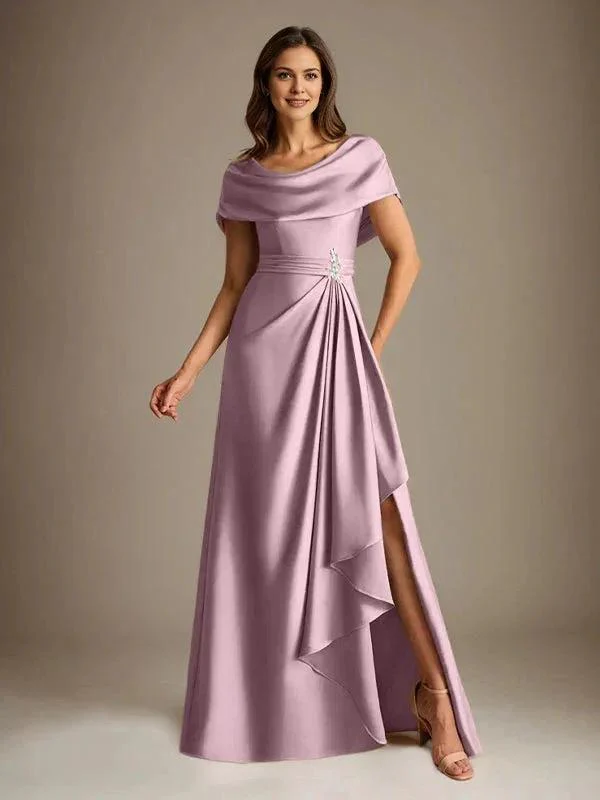 A-Line Scoop Floor-Length Stretch Satin Mother of the Bride Dress With Cascading Ruffles - Image 30