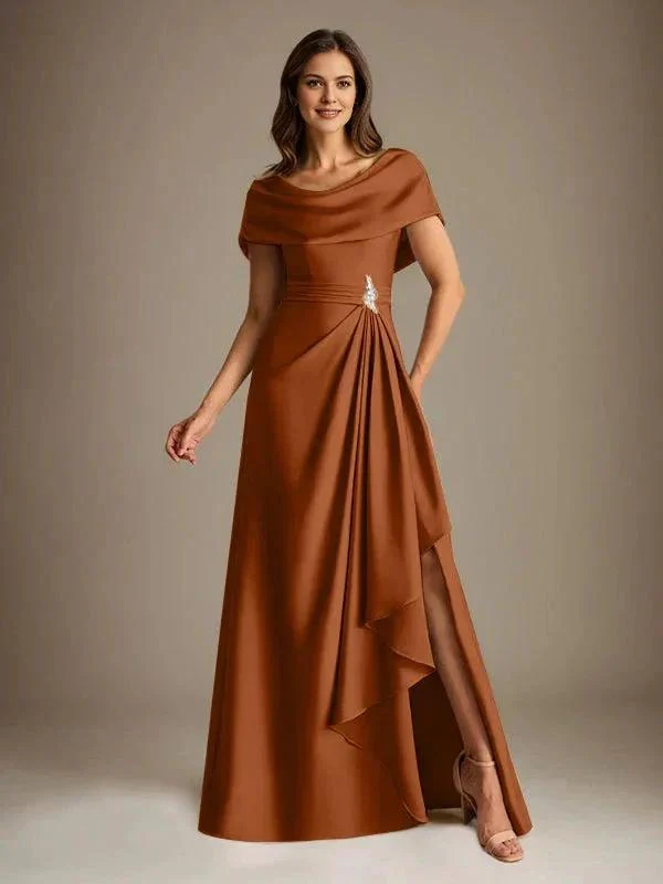 A-Line Scoop Floor-Length Stretch Satin Mother of the Bride Dress With Cascading Ruffles - Image 33