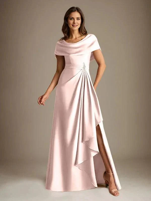 A-Line Scoop Floor-Length Stretch Satin Mother of the Bride Dress With Cascading Ruffles - Image 35