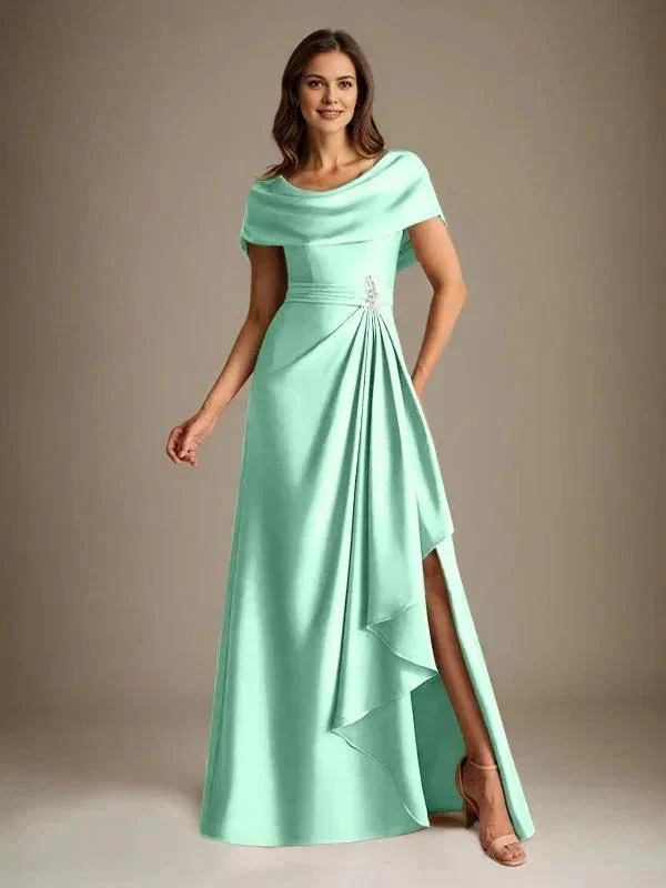 A-Line Scoop Floor-Length Stretch Satin Mother of the Bride Dress With Cascading Ruffles - Image 37
