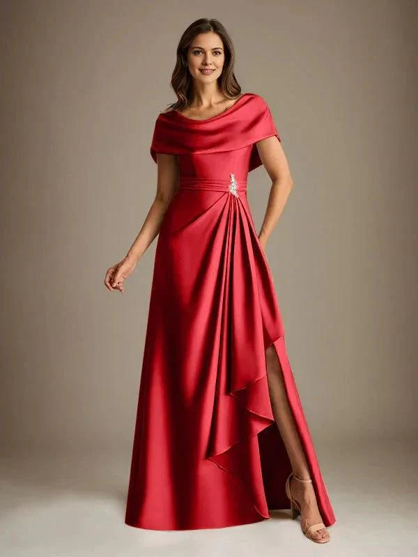 A-Line Scoop Floor-Length Stretch Satin Mother of the Bride Dress With Cascading Ruffles - Image 43