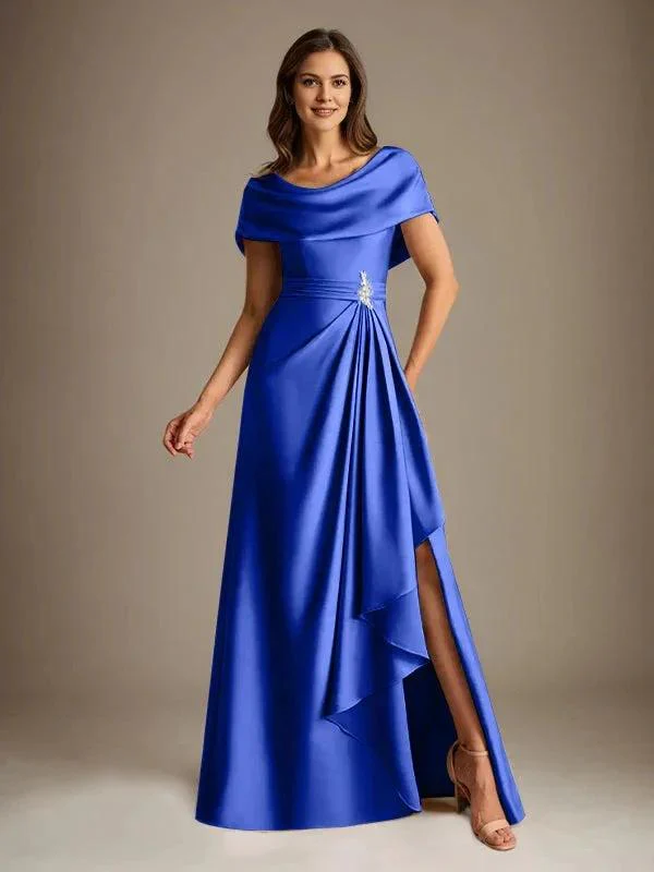 A-Line Scoop Floor-Length Stretch Satin Mother of the Bride Dress With Cascading Ruffles - Image 44
