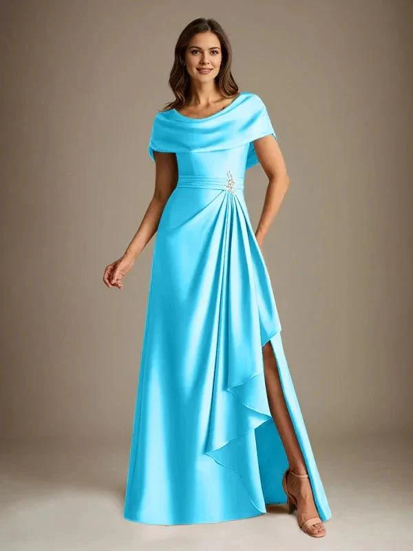 A-Line Scoop Floor-Length Stretch Satin Mother of the Bride Dress With Cascading Ruffles - Image 45