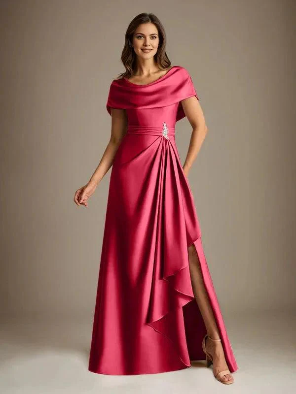 A-Line Scoop Floor-Length Stretch Satin Mother of the Bride Dress With Cascading Ruffles - Image 46