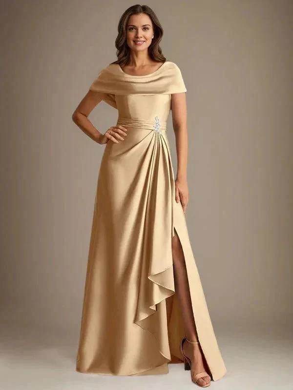 A-Line Scoop Floor-Length Stretch Satin Mother of the Bride Dress With Cascading Ruffles - Image 7