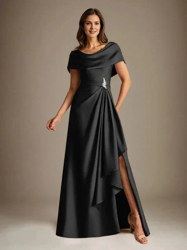 A-Line Scoop Floor-Length Stretch Satin Mother of the Bride Dress With Cascading Ruffles - Image 9