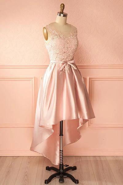 A-Line Scoop High Low Pink Satin Homecoming Dress With Appliques PD120 - Image 2