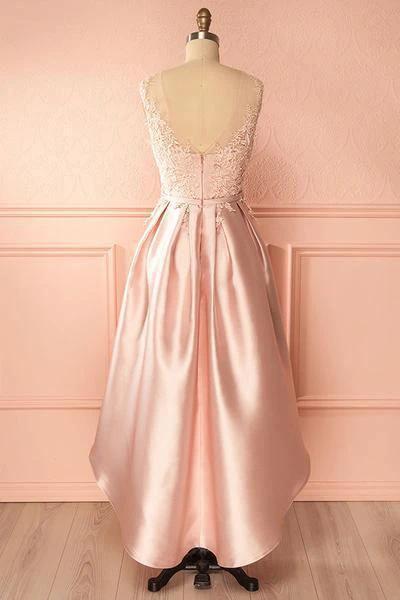 A-Line Scoop High Low Pink Satin Homecoming Dress With Appliques PD120 - Image 3