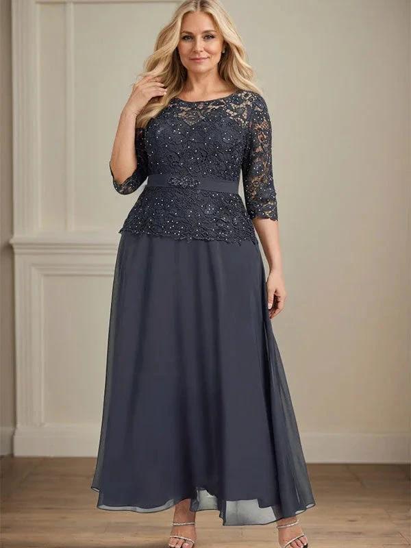 A-line Scoop Illusion Ankle-Length Chiffon Lace Mother of the Bride Dress With Rhinestone Beading - Image 12