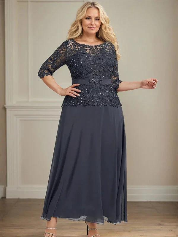 A-line Scoop Illusion Ankle-Length Chiffon Lace Mother of the Bride Dress With Rhinestone Beading - Image 14