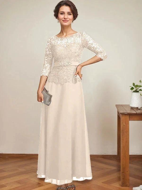 A-line Scoop Illusion Ankle-Length Chiffon Lace Mother of the Bride Dress With Rhinestone Beading - Image 18