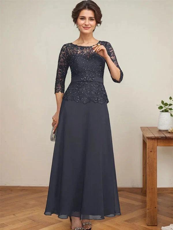 A-line Scoop Illusion Ankle-Length Chiffon Lace Mother of the Bride Dress With Rhinestone Beading - Image 2