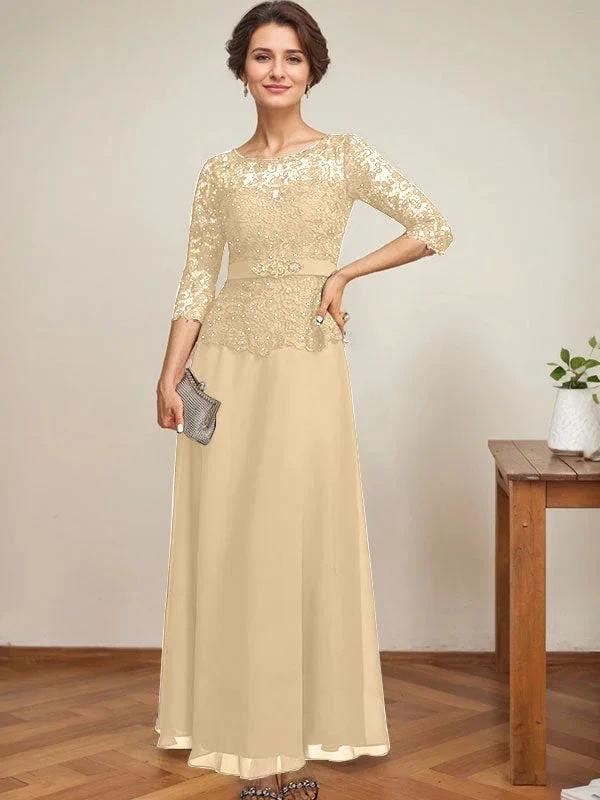 A-line Scoop Illusion Ankle-Length Chiffon Lace Mother of the Bride Dress With Rhinestone Beading - Image 20