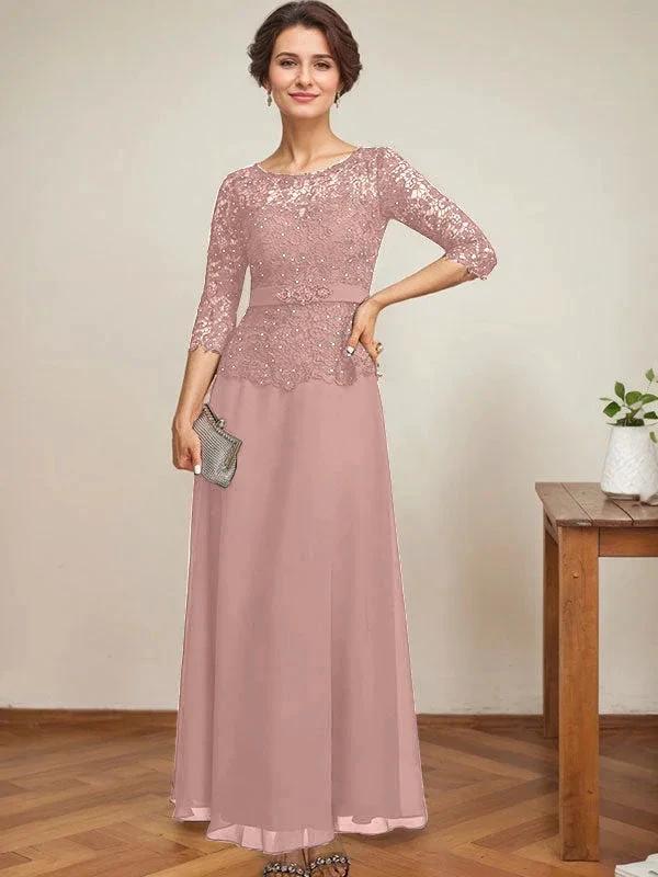 A-line Scoop Illusion Ankle-Length Chiffon Lace Mother of the Bride Dress With Rhinestone Beading - Image 23