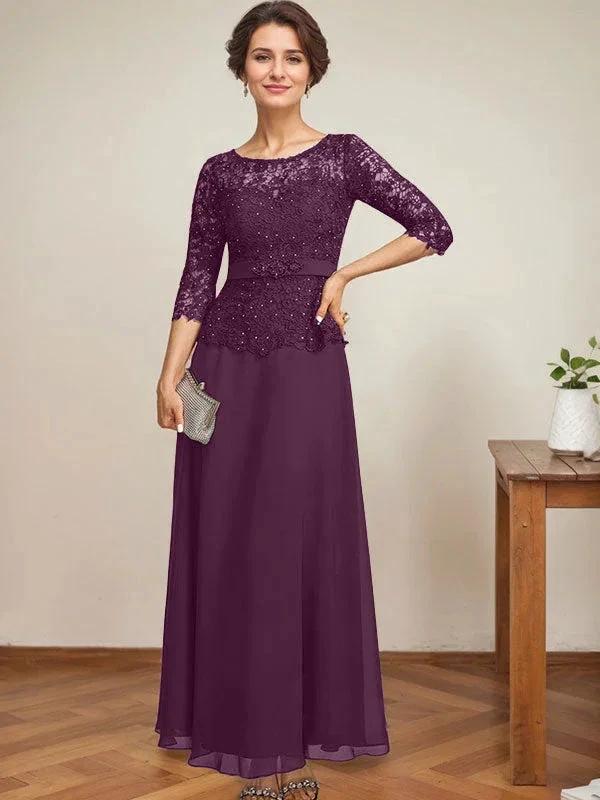 A-line Scoop Illusion Ankle-Length Chiffon Lace Mother of the Bride Dress With Rhinestone Beading - Image 26