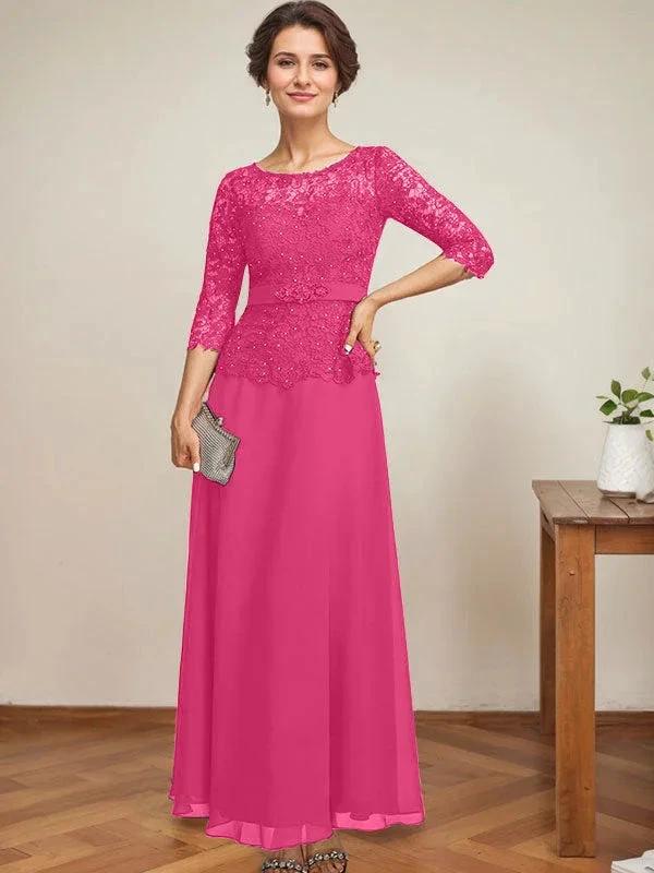 A-line Scoop Illusion Ankle-Length Chiffon Lace Mother of the Bride Dress With Rhinestone Beading - Image 27