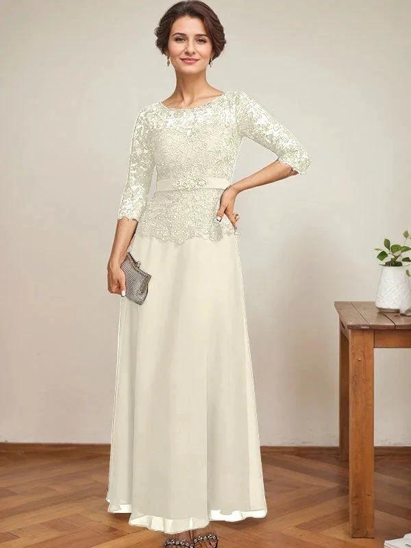 A-line Scoop Illusion Ankle-Length Chiffon Lace Mother of the Bride Dress With Rhinestone Beading - Image 28