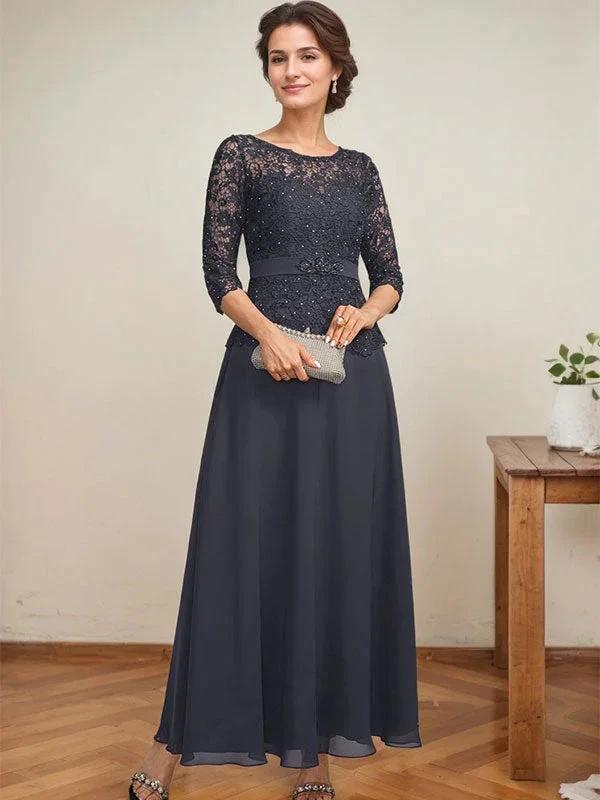 A-line Scoop Illusion Ankle-Length Chiffon Lace Mother of the Bride Dress With Rhinestone Beading - Image 3