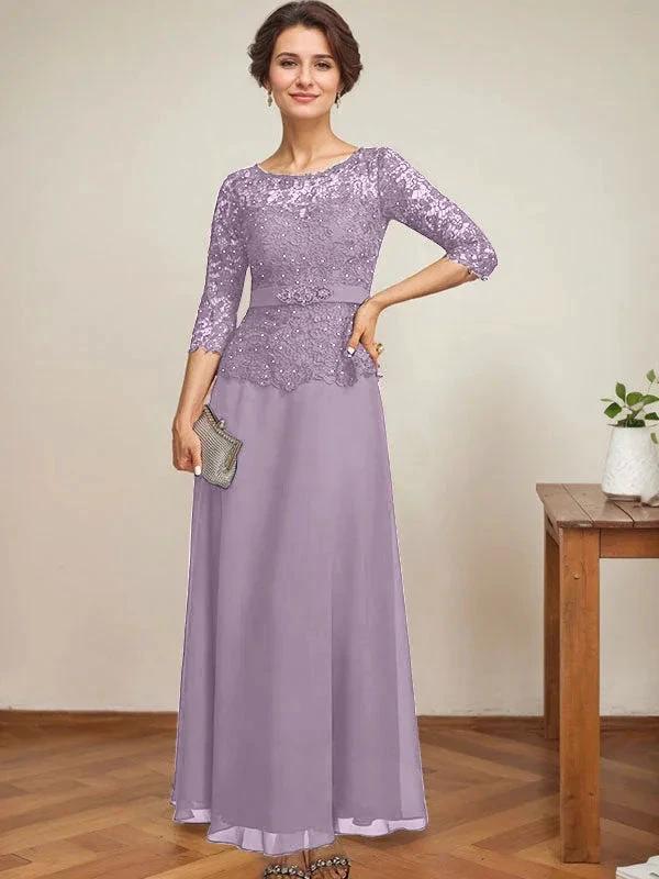 A-line Scoop Illusion Ankle-Length Chiffon Lace Mother of the Bride Dress With Rhinestone Beading - Image 33