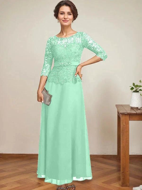 A-line Scoop Illusion Ankle-Length Chiffon Lace Mother of the Bride Dress With Rhinestone Beading - Image 34