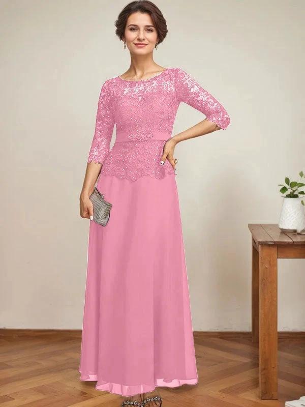 A-line Scoop Illusion Ankle-Length Chiffon Lace Mother of the Bride Dress With Rhinestone Beading - Image 39