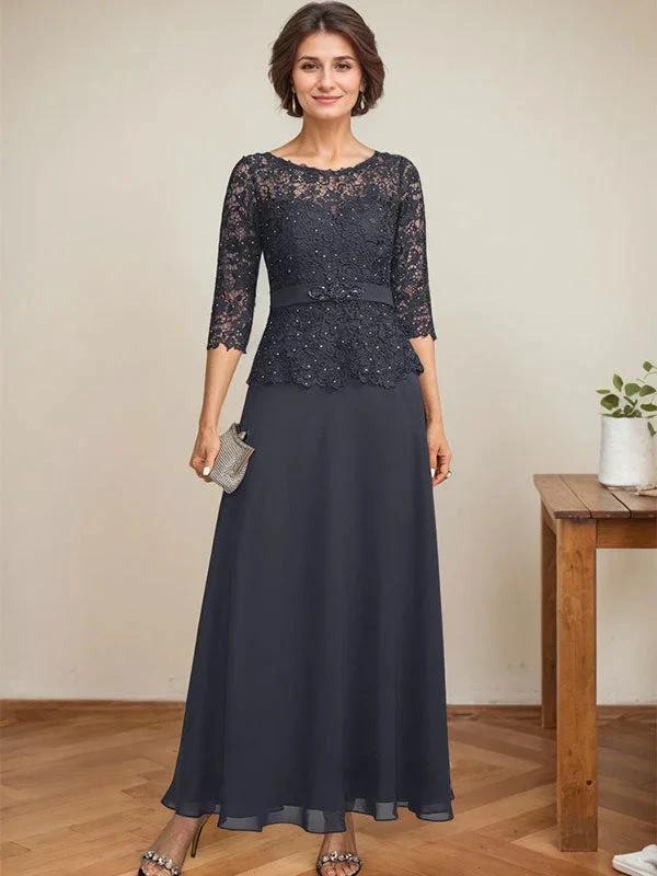A-line Scoop Illusion Ankle-Length Chiffon Lace Mother of the Bride Dress With Rhinestone Beading - Image 4