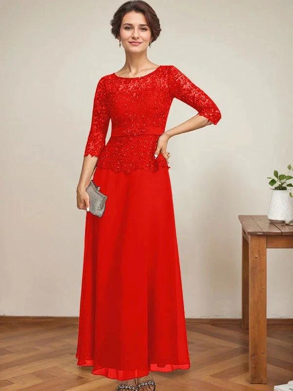 A-line Scoop Illusion Ankle-Length Chiffon Lace Mother of the Bride Dress With Rhinestone Beading - Image 41
