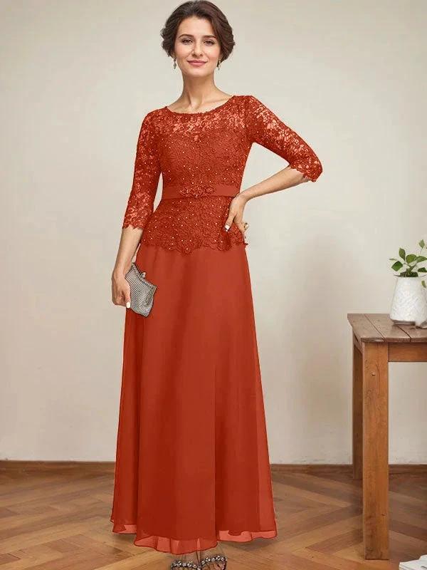 A-line Scoop Illusion Ankle-Length Chiffon Lace Mother of the Bride Dress With Rhinestone Beading - Image 43