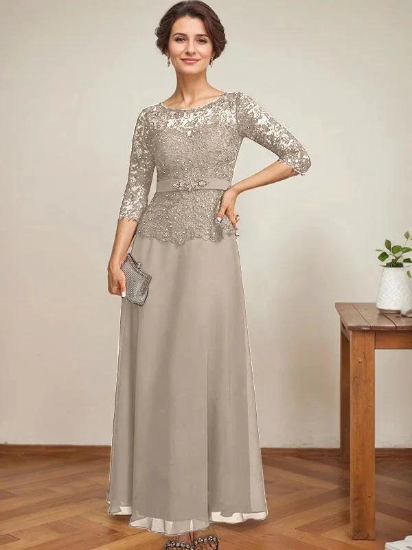 A-line Scoop Illusion Ankle-Length Chiffon Lace Mother of the Bride Dress With Rhinestone Beading - Image 45