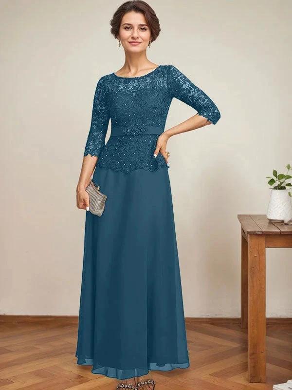 A-line Scoop Illusion Ankle-Length Chiffon Lace Mother of the Bride Dress With Rhinestone Beading - Image 46