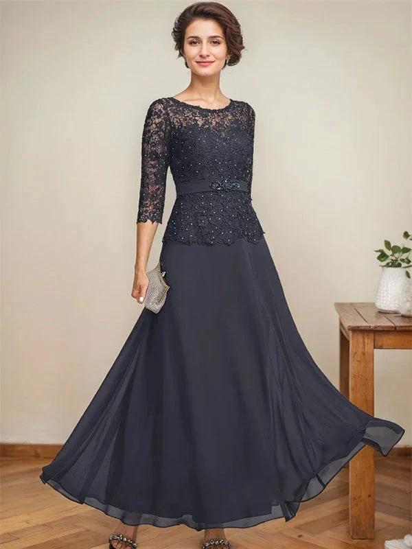 A-line Scoop Illusion Ankle-Length Chiffon Lace Mother of the Bride Dress With Rhinestone Beading - Image 5