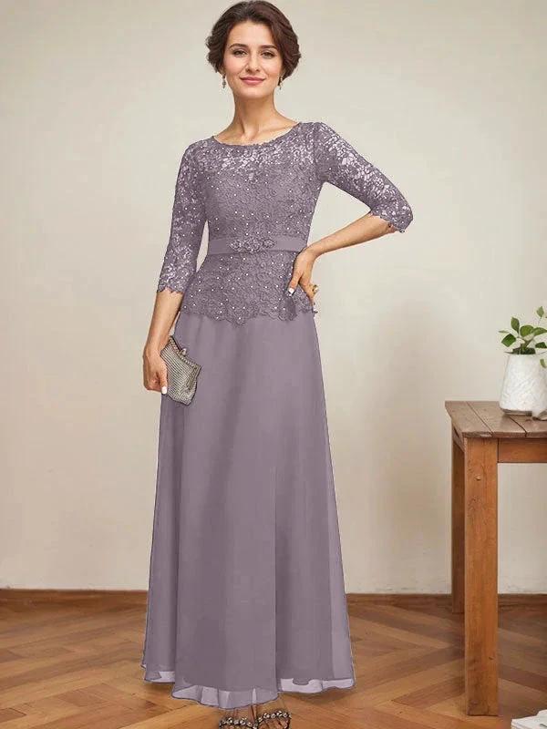 A-line Scoop Illusion Ankle-Length Chiffon Lace Mother of the Bride Dress With Rhinestone Beading - Image 50