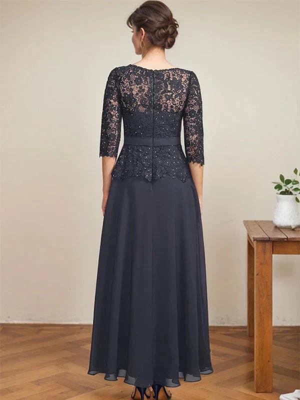 A-line Scoop Illusion Ankle-Length Chiffon Lace Mother of the Bride Dress With Rhinestone Beading - Image 6