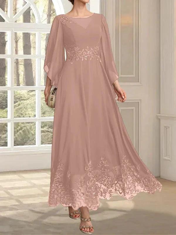 A-line Scoop Illusion Ankle-Length Lace Chiffon Mother of the Bride Dress With Sequins - Image 17