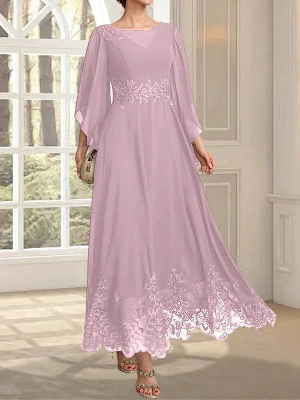 A-line Scoop Illusion Ankle-Length Lace Chiffon Mother of the Bride Dress With Sequins - Image 26