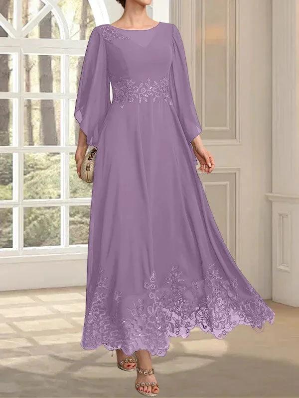 A-line Scoop Illusion Ankle-Length Lace Chiffon Mother of the Bride Dress With Sequins - Image 27