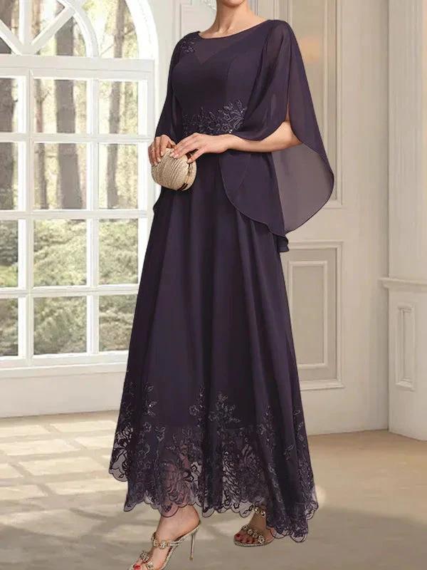 A-line Scoop Illusion Ankle-Length Lace Chiffon Mother of the Bride Dress With Sequins - Image 3