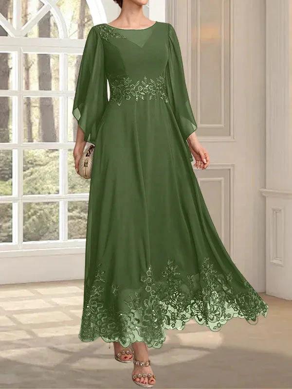 A-line Scoop Illusion Ankle-Length Lace Chiffon Mother of the Bride Dress With Sequins - Image 30