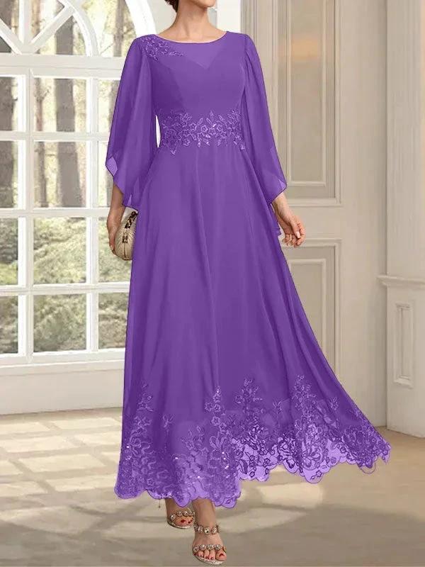 A-line Scoop Illusion Ankle-Length Lace Chiffon Mother of the Bride Dress With Sequins - Image 34